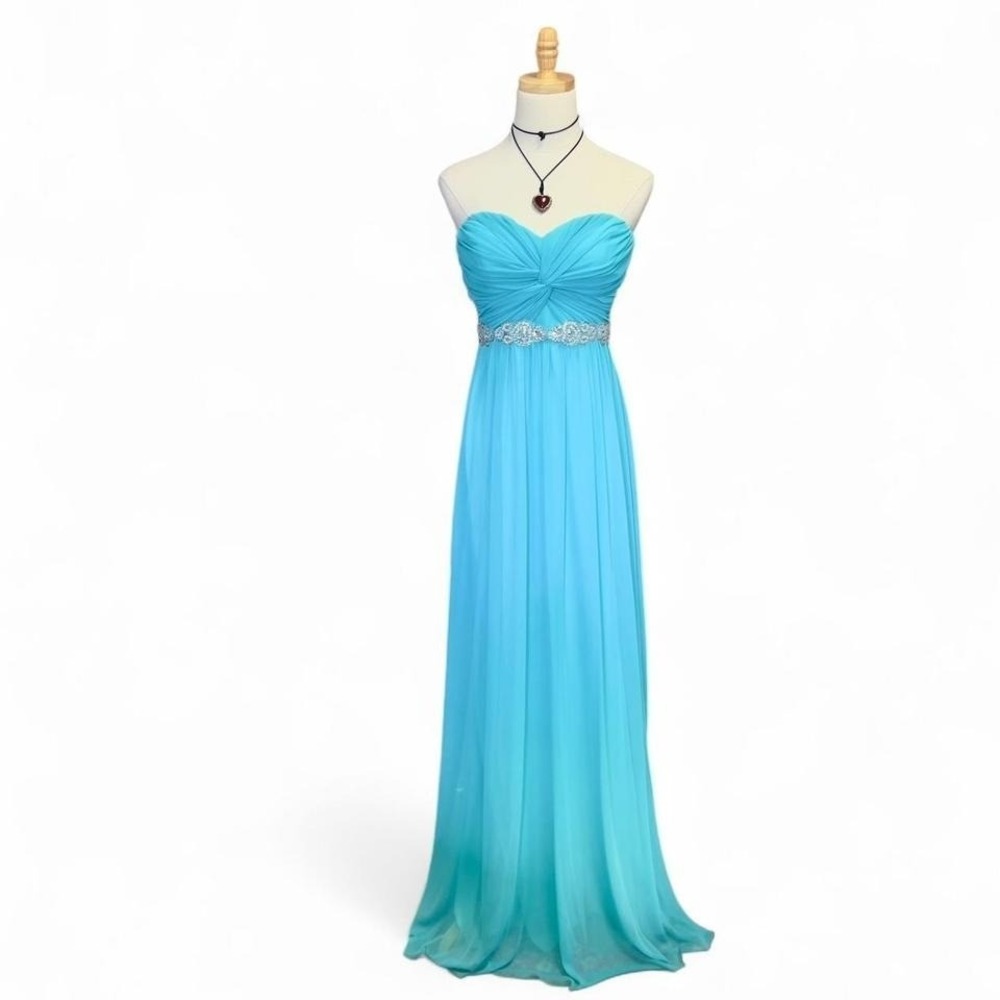 City Triangles‎ Aqua Blue Prom Dress Size 5 Y2K Strapless Maxi Rhinestone Waist